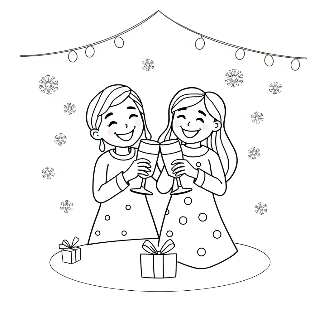 A simple coloring page featuring two friends clinking their glasses together in a cheerful toast, surrounded by festive decorations.