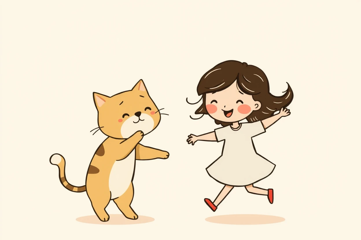 A girl dancing with a cat, drawn in minimalist children's style with thick white lines and glowing contours.