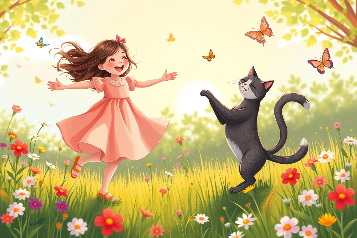 A girl dancing with a cat