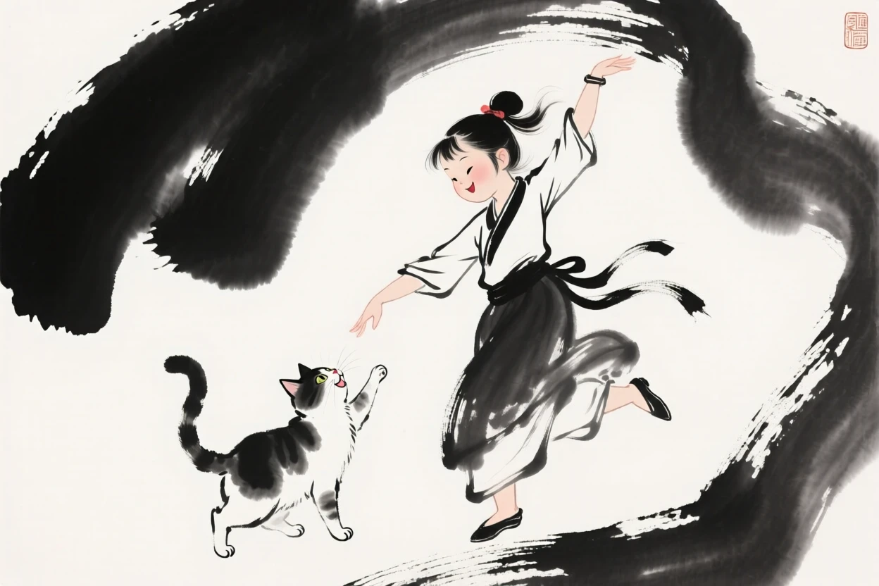 A girl dancing with a cat