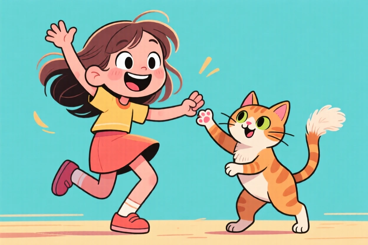 A girl dancing with a cat