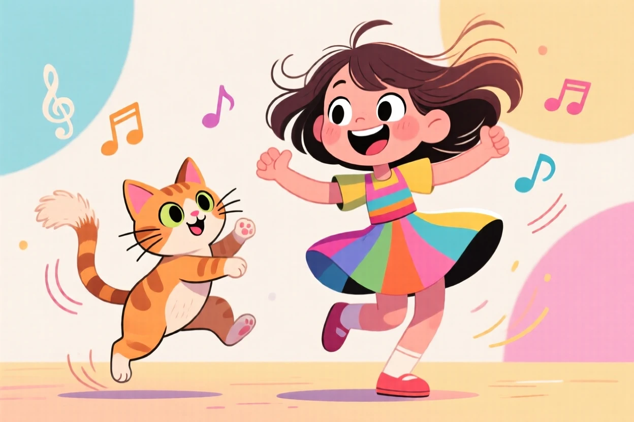 A girl dancing with a cat