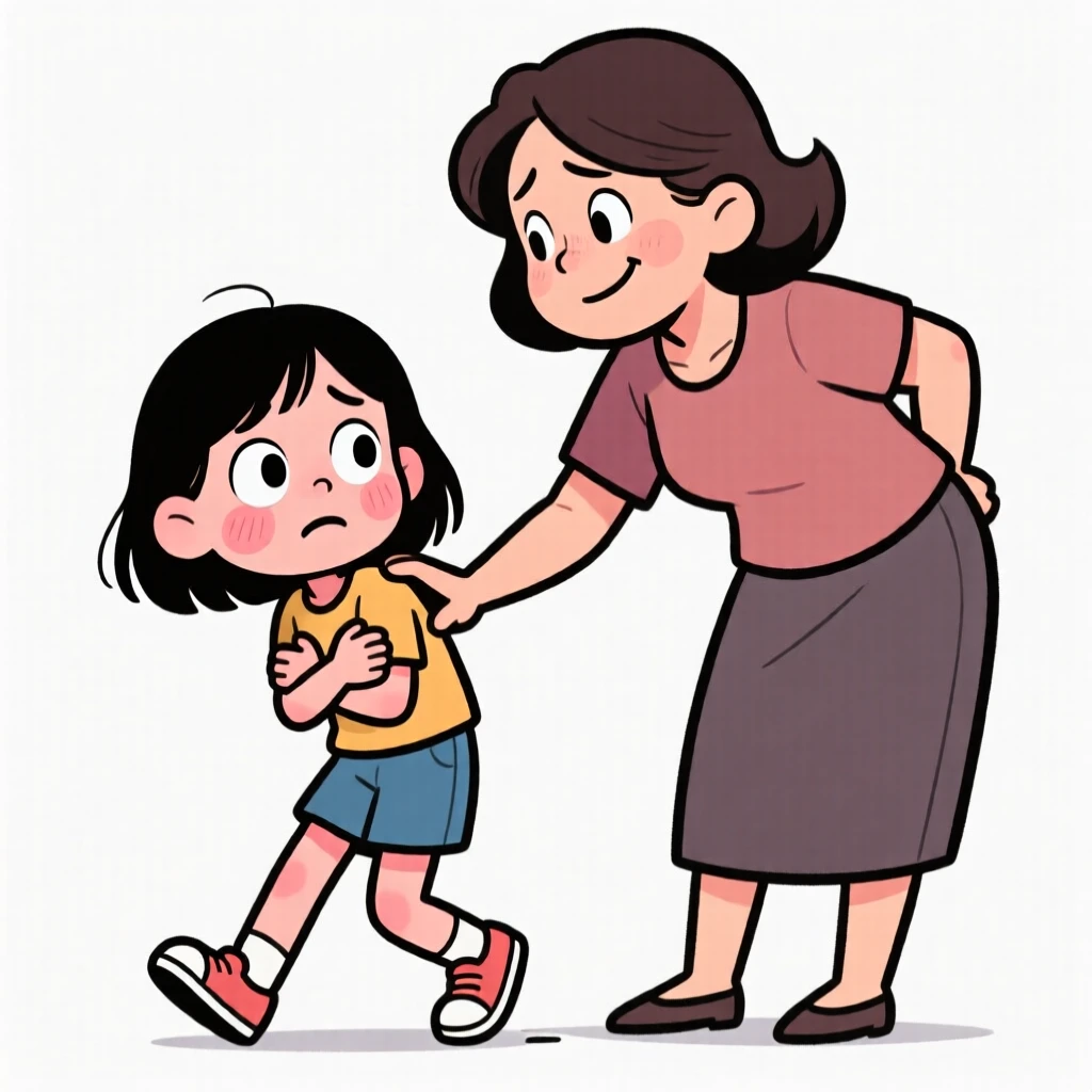 A shy teenager girl is trying to chicken out. And her mom is forcing her to move forward.