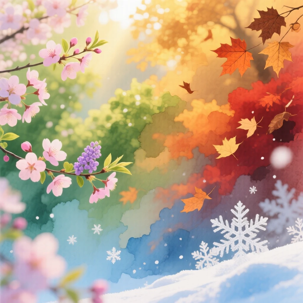 A dreamy, abstract background that seamlessly blends the four seasons into one image. Spring is represented with soft pastel blossoms and fresh green hues, summer with warm golden sunlight and lush greenery, autumn with rich amber, orange, and crimson tones, and winter with cool icy blues, frosty whites, and delicate snowflakes. The transitions between the seasons should be smooth and painterly, with a soft blur effect that makes the scene look like a glowing watercolor gradient. The entire composition should feel harmonious, ethereal, and suitable as a blurred artistic background.