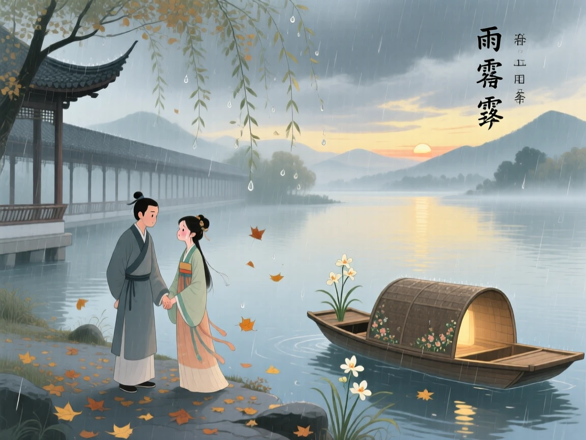 给这首古诗配图:
雨霖鈴

寒蟬凄切。
對長亭晚，驟雨初歇。
都門帳飲無緒，方留戀處，蘭舟催發。
執手相看淚眼，竟無語凝噎。
念去去、千里煙波，暮靄沈沈楚天闊。

多情自古傷離別。
更那堪、冷落清秋節。
今宵酒醒何處，楊柳岸、曉風殘月。
此去經年，應是良辰好景虛設。
便縱有、千種風情，更與何人說。