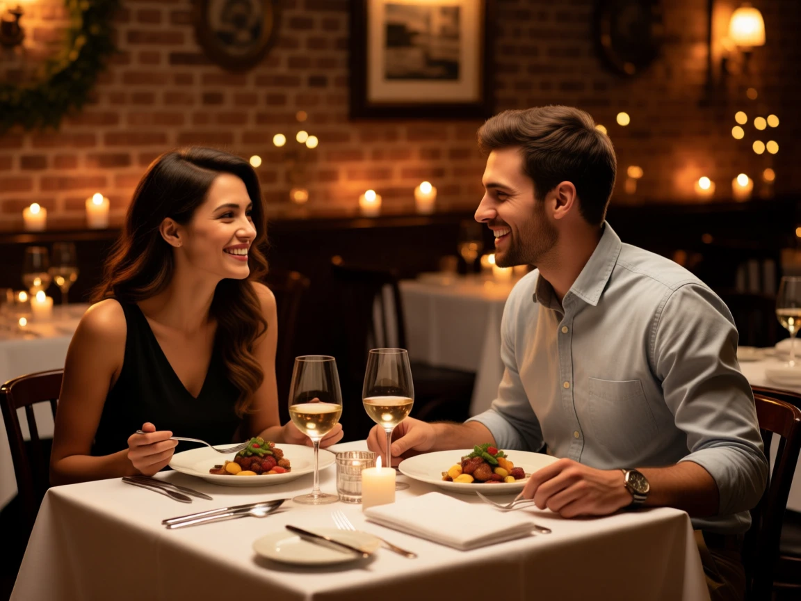 A couple having dinner in a restaurant.