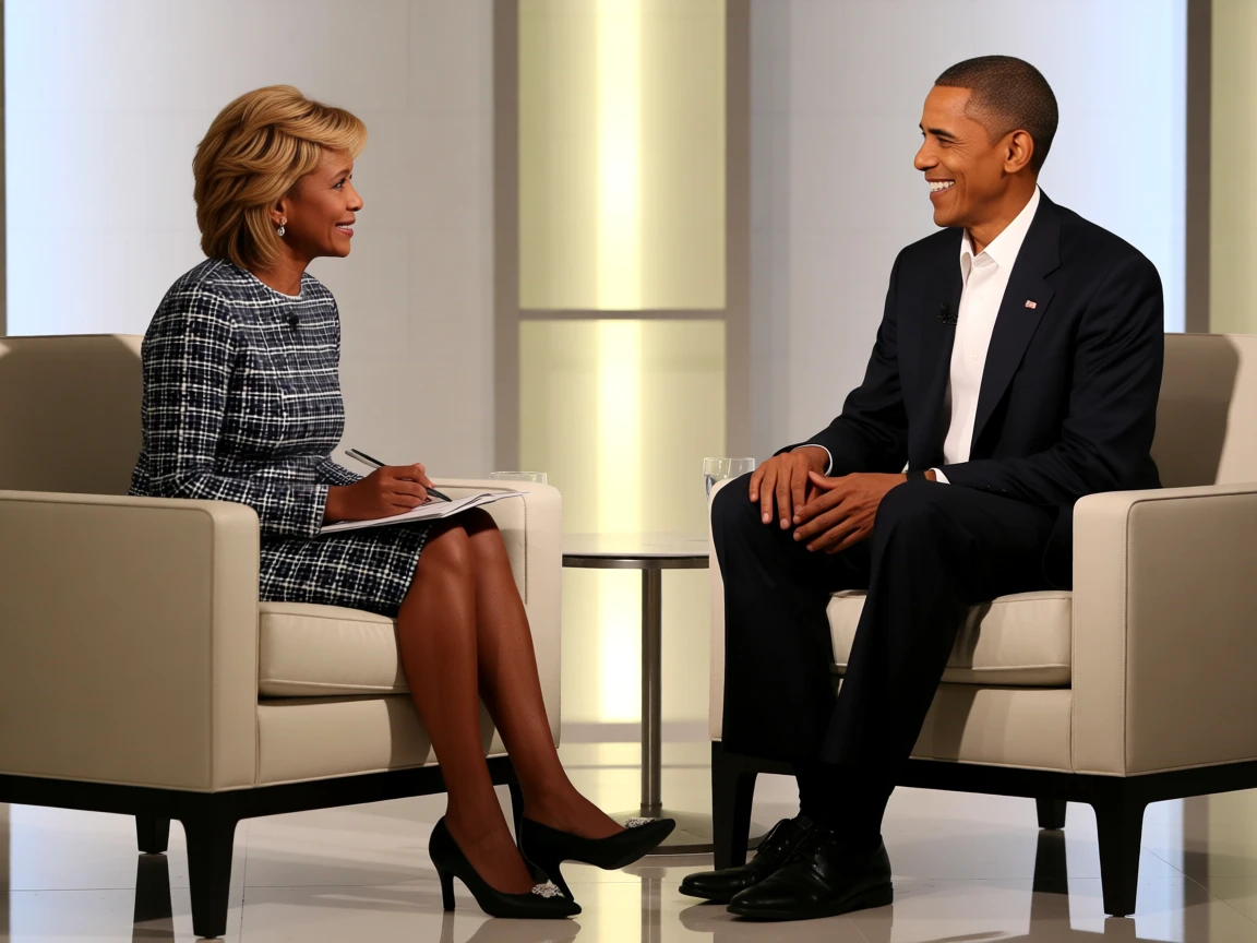 A medium two-shot of Robin Roberts interviewing Barack Obama