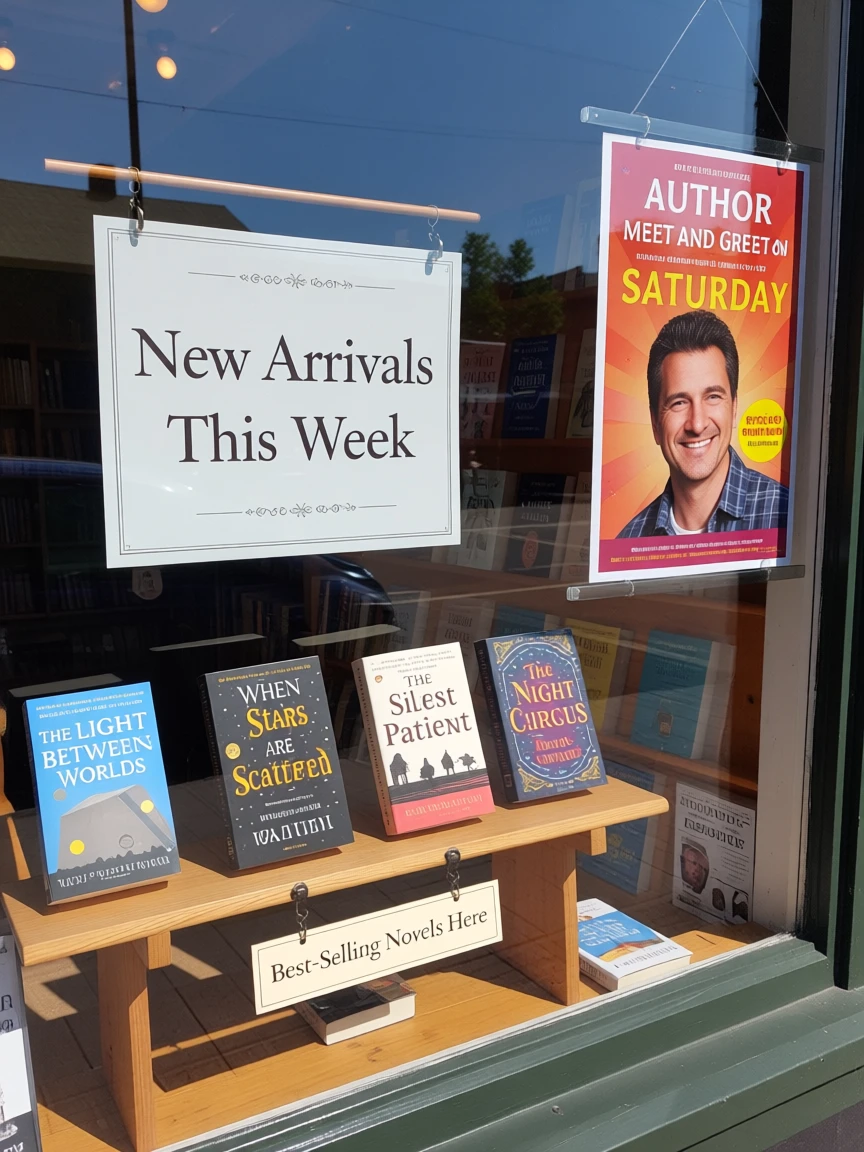 Bookstore window display. A sign displays “New Arrivals This Week”. Below, a shelf tag with the text “Best-Selling Novels Here”. To the side, a colorful poster advertises “Author Meet And Greet on Saturday” with a central portrait of the author. There are four books on the bookshelf, namely “The light between worlds” “When stars are scattered” “The slient patient” “The night circus”