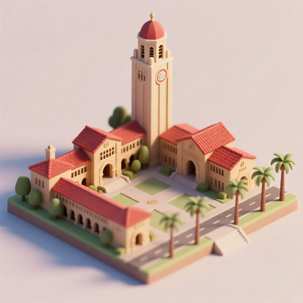 Present a clear, 45° top-down view of a vertical (9:16) isometric miniature 3D cartoon scene, highlighting iconic landmarks centered in the composition to showcase precise and delicate modeling.

The scene features soft, refined textures with realistic PBR materials and gentle, lifelike lighting and shadow effects. Use a clean, unified composition with minimalistic aesthetics and a soft, solid-colored background that highlights the main content. The overall visual style is fresh and soothing.

Scene: Stanford University.