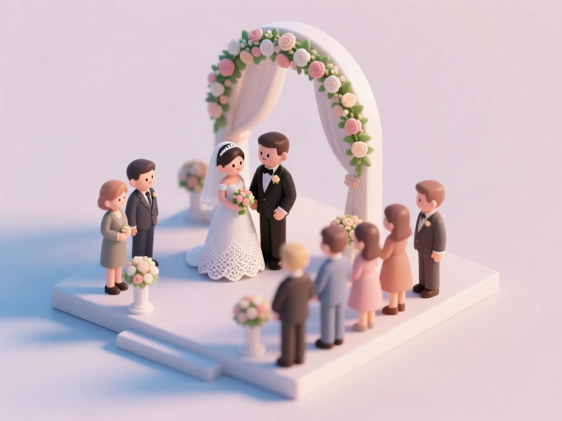 Present a clear, 45° top-down view of a vertical (9:16) isometric miniature 3D cartoon scene, highlighting iconic landmarks centered in the composition to showcase precise and delicate modeling.

The scene features soft, refined textures with realistic PBR materials and gentle, lifelike lighting and shadow effects. Use a clean, unified composition with minimalistic aesthetics and a soft, solid-colored background that highlights the main content. The overall visual style is fresh and soothing.

Scene: Wedding.