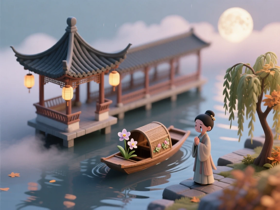 Present a clear, 45° top-down view of a vertical (9:16) isometric miniature 3D cartoon scene, highlighting iconic landmarks centered in the composition to showcase precise and delicate modeling.

The scene features soft, refined textures with realistic PBR materials and gentle, lifelike lighting and shadow effects. Use a clean, unified composition with minimalistic aesthetics and a soft, solid-colored background that highlights the main content. The overall visual style is fresh and soothing.

Here is the scene:
给这首古诗配图:
雨霖鈴

寒蟬凄切。
對長亭晚，驟雨初歇。
都門帳飲無緒，方留戀處，蘭舟催發。
執手相看淚眼，竟無語凝噎。
念去去、千里煙波，暮靄沈沈楚天闊。

多情自古傷離別。
更那堪、冷落清秋節。
今宵酒醒何處，楊柳岸、曉風殘月。
此去經年，應是良辰好景虛設。
便縱有、千種風情，更與何人說。