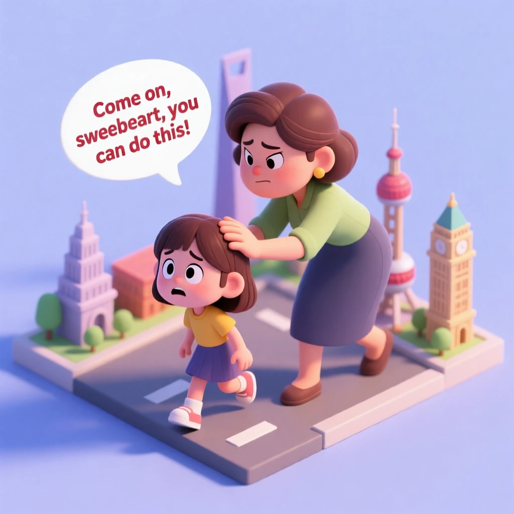 Present a clear, 45° top-down view of a vertical (9:16) isometric miniature 3D cartoon scene, highlighting iconic landmarks centered in the composition to showcase precise and delicate modeling.

The scene features soft, refined textures with realistic PBR materials and gentle, lifelike lighting and shadow effects. Use a clean, unified composition with minimalistic aesthetics and a soft, solid-colored background that highlights the main content. The overall visual style is fresh and soothing.

Here is the scene:
A shy teenager girl is trying to chicken out. And her mom is forcing her to move forward.
