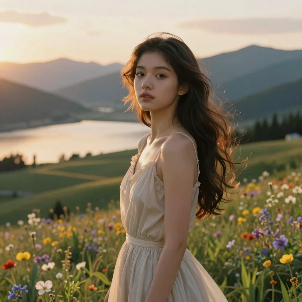 A photographing scene of a beautiful girl in beautiful landscape. cinematic shot
