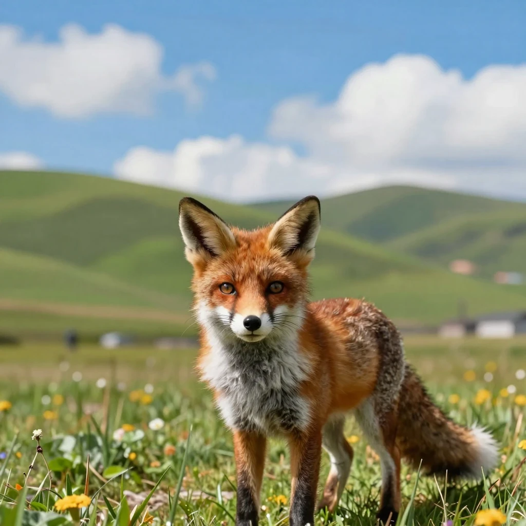 Beautiful landscape in the background, a cute animal look into the camera. The lighting is bright. professional shot