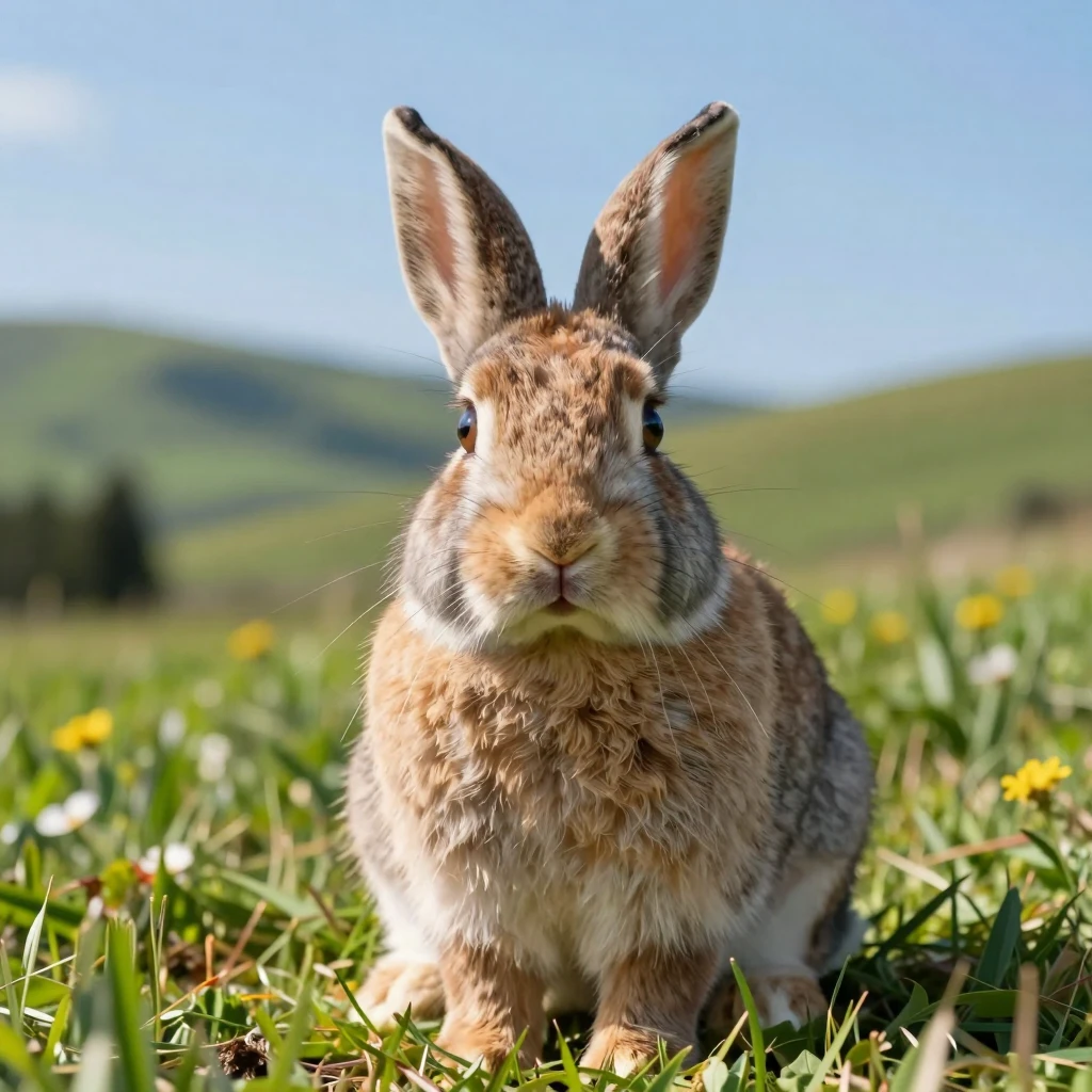 Beautiful landscape in the background, a cute rabbit look into the camera. The lighting is bright. professional shot