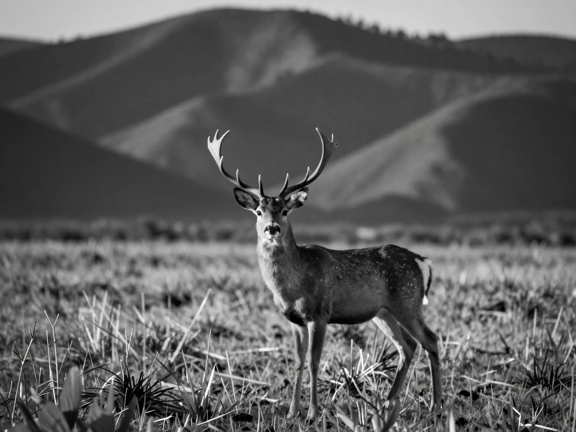Breathtaking landscape in the background, a deer in the foreground.
