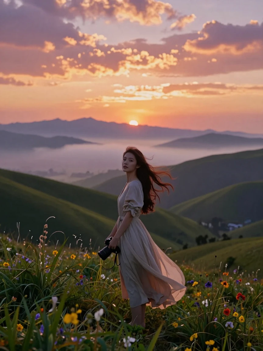 A photographing scene of a beautiful girl in beautiful landscape. cinematic shot