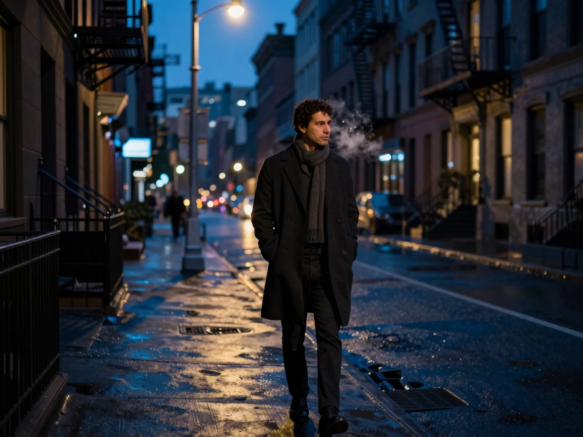 A man walking on a quiet street at midnight in nyc