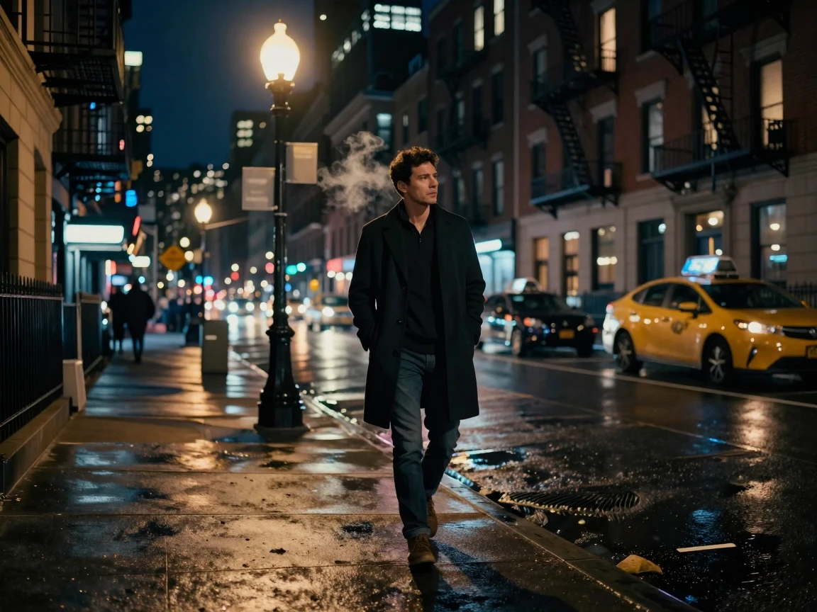 A man walking on a quiet street at midnight in nyc