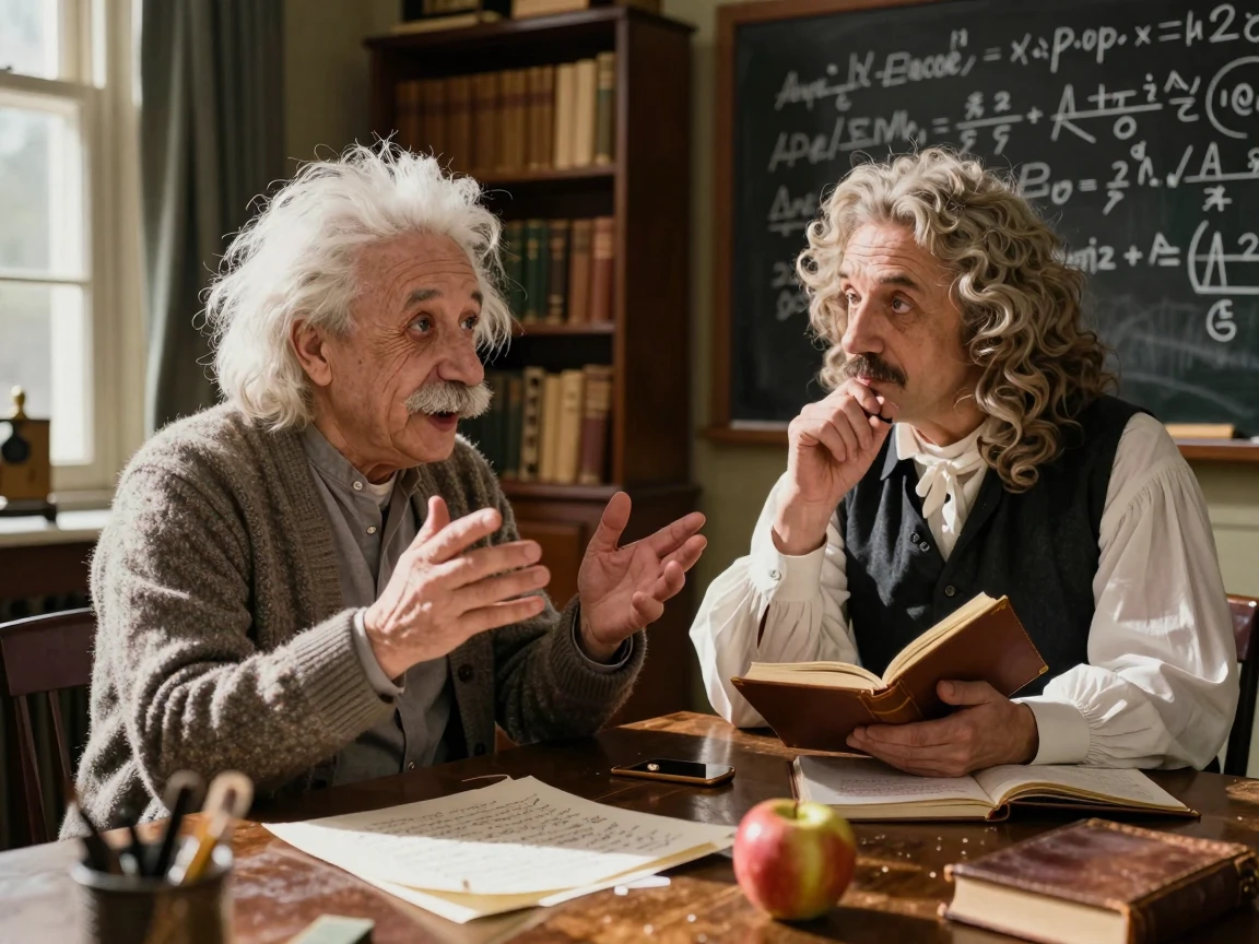 Einstein and Newton having a debate.