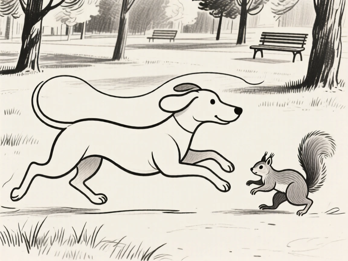 A dog is chasing a squirrel in a park.