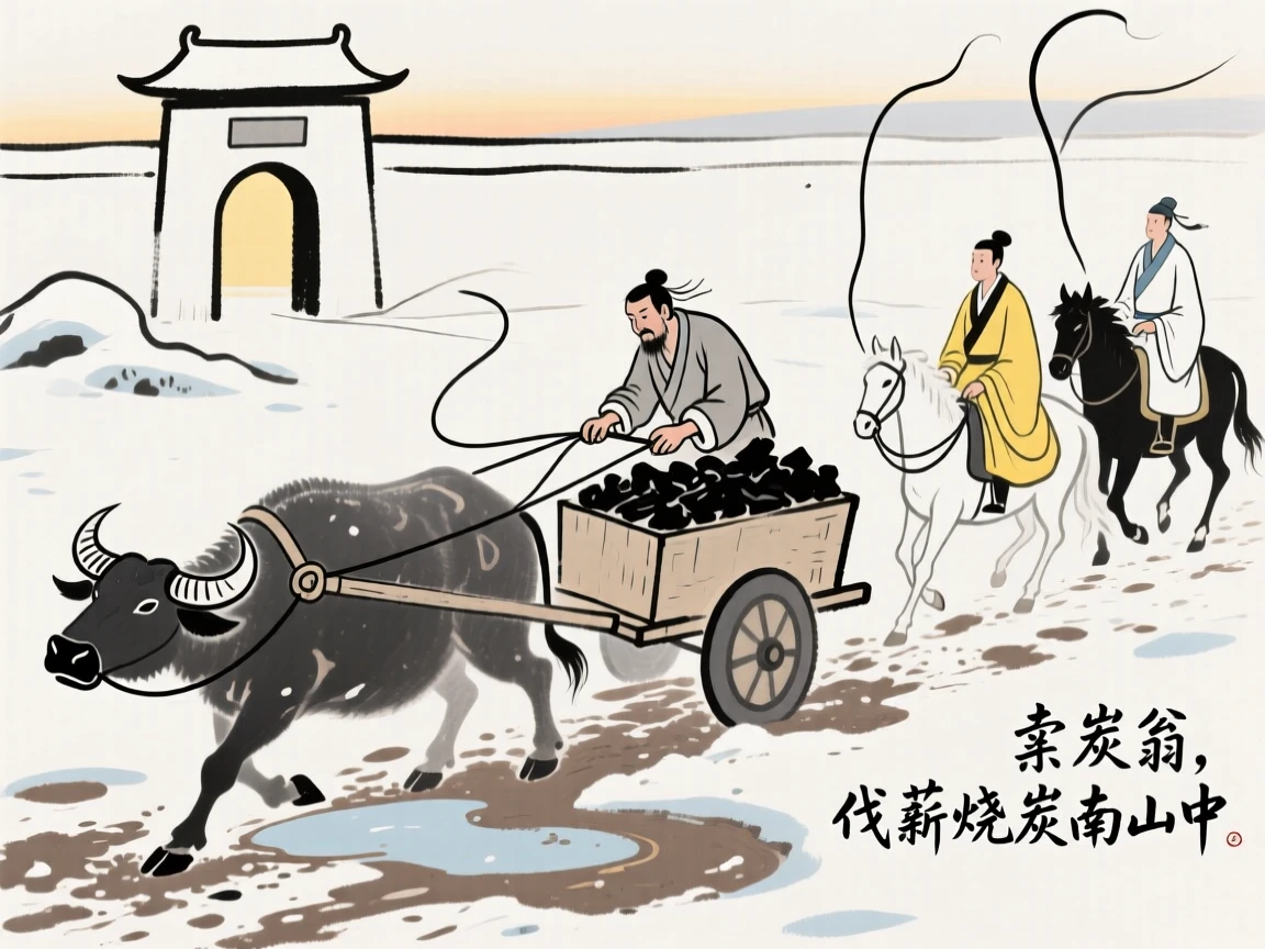 卖炭翁，伐薪烧炭南山中。
满面尘灰烟火色，两鬓苍苍十指黑。
卖炭得钱何所营？身上衣裳口中食。
可怜身上衣正单，心忧炭贱愿天寒。
夜来城外一尺雪，晓驾炭车辗冰辙。
牛困人饥日已高，市南门外泥中歇。
翩翩两骑来是谁？黄衣使者白衫儿。
手把文书口称敕，回车叱牛牵向北。
一车炭，千余斤，宫使驱将惜不得。
半匹红纱一丈绫，系向牛头充炭直。