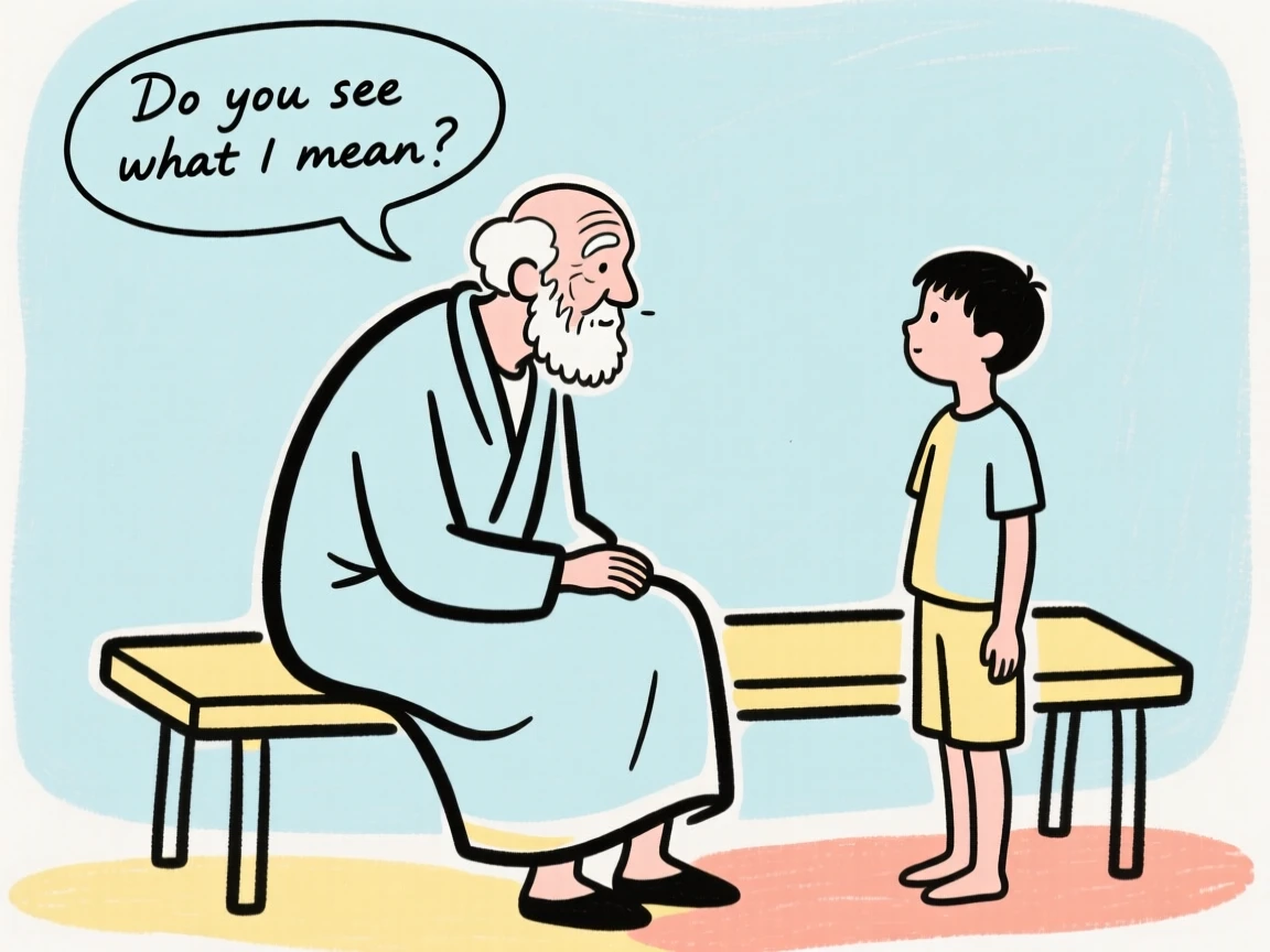 An old man, sitting on a bench, is talking to a boy who is standing. Text bubble from the old man "Do you see what I mean?"