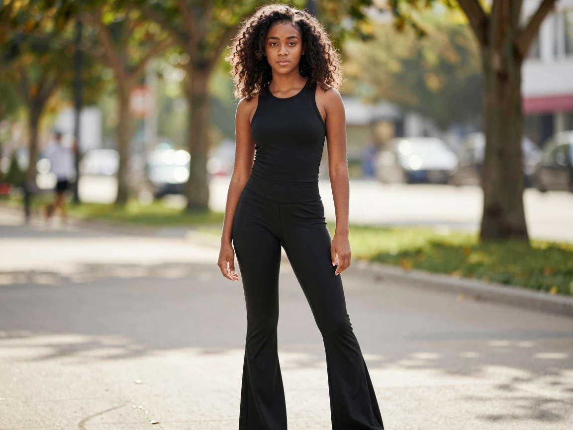 Black girl wearing black flared leggings