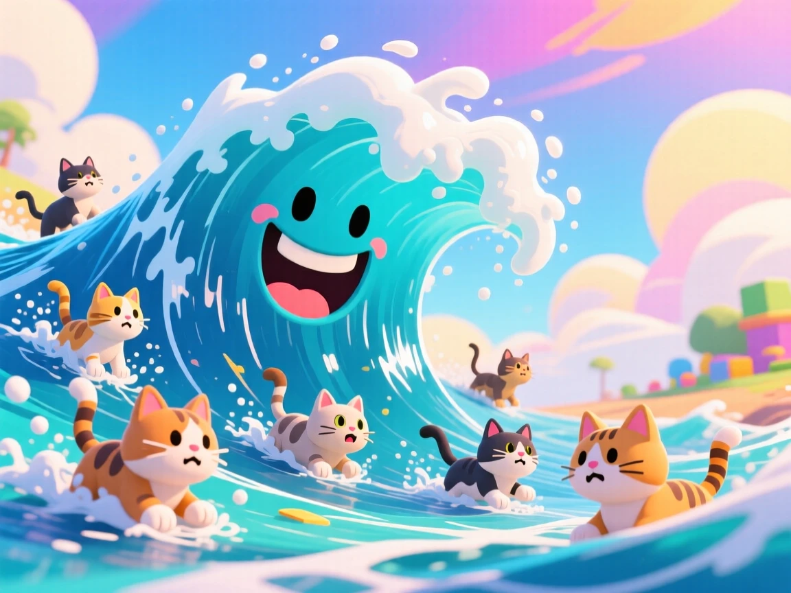 make a roblox game thumbnail with a tsunami that has a smiley face taking away cats