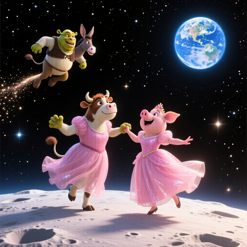 a cow and a pig is dancing whit pink princesdress on the moon in the space. In the background you can see shrek jump and he is locking at a flying donky who is flying in space. Far away in the background you can se earth