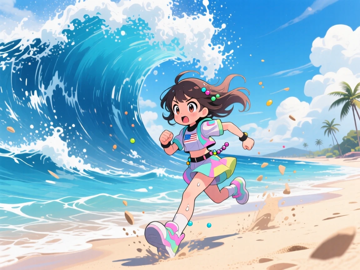 gatcha girl character running away from tsunami