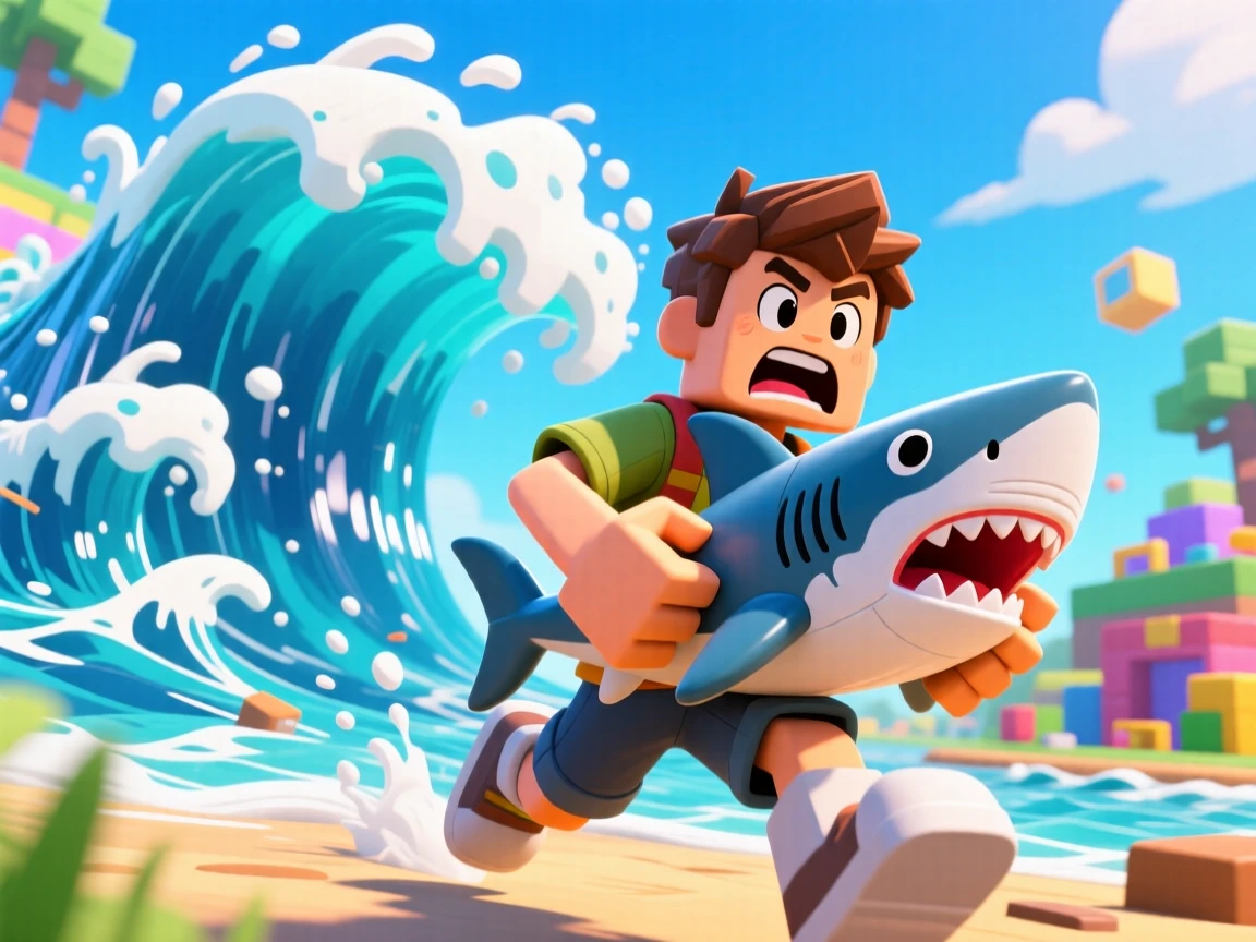 i like you to create someone holding a roblox shark and make a roblox tsunami behind them chasing them like escape tsunami for brainrot in roblox but make the thumnail be someone holding a roblox shark and getting chased by a roblox tsunami