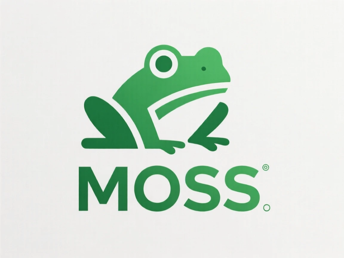 Minimal green frog symbol logo "MOSS"