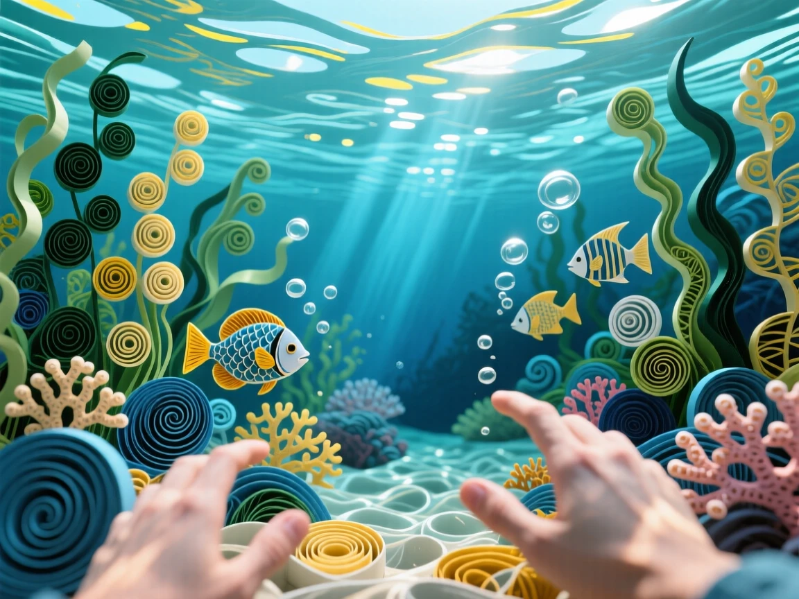 can create me a first person pov of what thinks would look like underwater making it look as realistic as possible and not blocky or cartoony using this information: