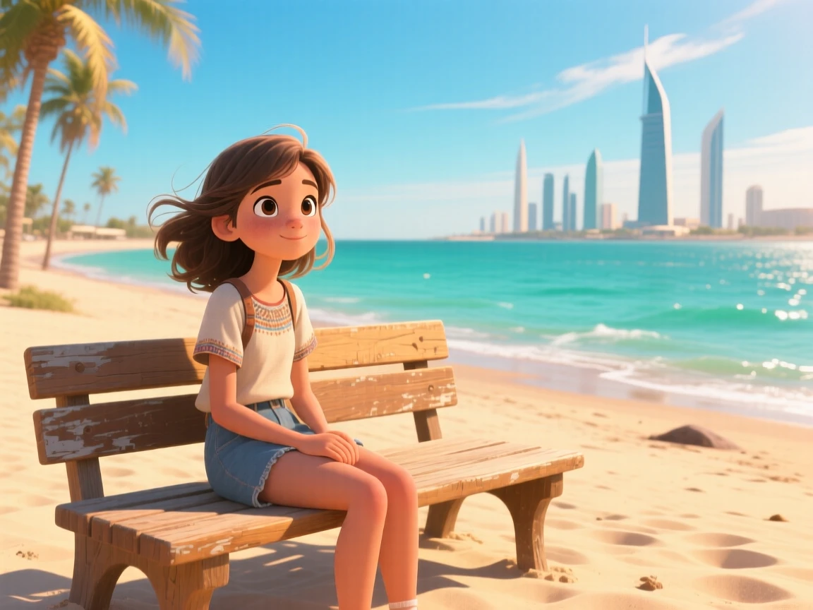 C Kuwait and animation of a girl sitting on a bench near the beach