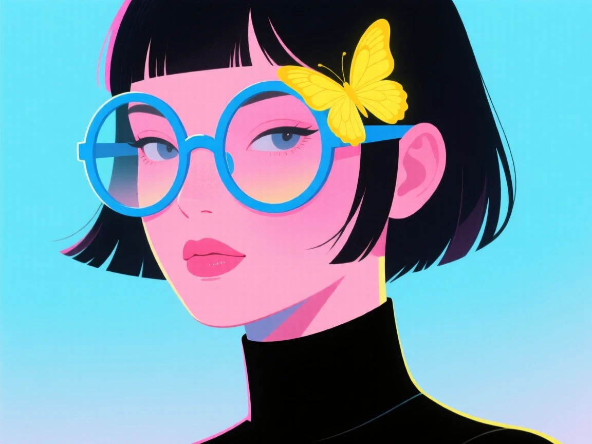 Stylized woman with oversized round blue glasses, bright yellow butterflies resting on the lenses, short dark hair, black turtleneck, pink skin, minimalist portrait, whimsical modern illustration, soft gradients, pastel blue background, playful surrealism, bold graphic shapes, vibrant neon color palette.