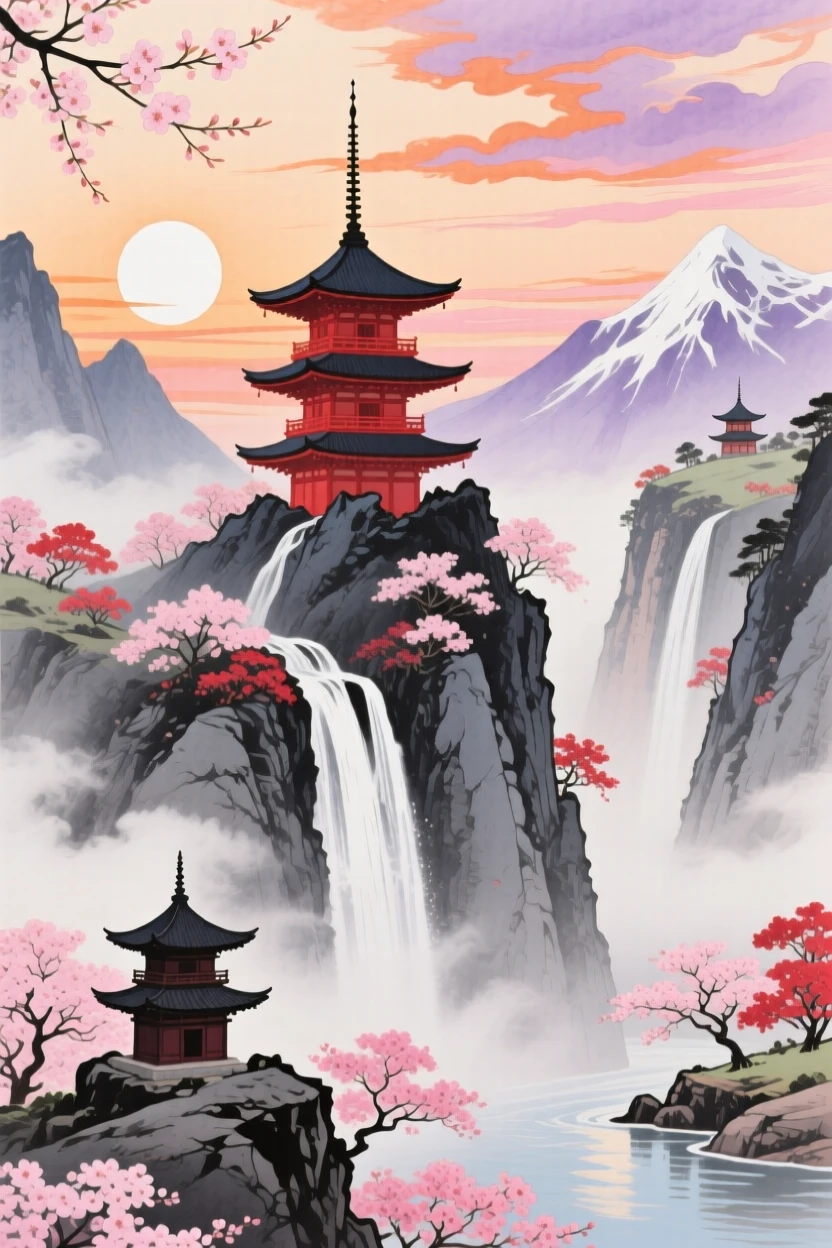 In the center of this Watercolor image, a five-story red pagoda with dark-tiered roofs and a tall spire sits atop a jagged mountain peak. To the left of this peak, a bright white circular sun is low on the horizon against a sky filled with streaks of orange, pink, and purple clouds. Below the central pagoda, multiple wide waterfalls cascade down dark grey rocky cliffs into a canyon filled with white mist. In the bottom left foreground, a smaller three-story dark pagoda rests on a rocky outcrop. Throughout the landscape, numerous cherry blossom trees with varying shades of pink and reddish-pink flowers are scattered across the cliff sides and mountain bases. Tall, steep mountains with patches of white on their peaks frame the scene on both the left and right. Another small pagoda structure is visible on a ridge to the right of the main peak. In the bottom right, a river flows between the mist-covered rocks. The upper left corner features several branches of a cherry blossom tree reaching into the frame from the side.