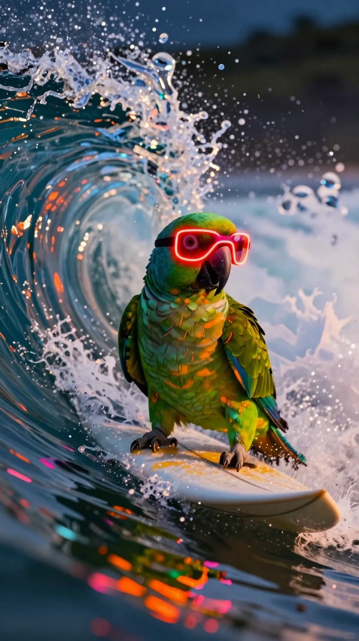 A hyper-realistic, ultra-detailed cinematic render of a vibrant green tropical parrot surfing inside the barrel of a powerful ocean wave at night. The parrot stands confidently on a sleek white shortboard, wearing oversized futuristic neon-red glowing visor sunglasses that illuminate its face and feathers. Its beak is open as if squawking with excitement. Crystal-clear water curls overhead, frozen in motion with sparkling droplets, intricate splashes, and glossy reflections. Dramatic rim lighting, volumetric lighting, and vibrant orange, teal, and magenta highlights dance across the water and the bird. Shallow depth of field creates dreamy bokeh in the dark background while keeping the parrot razor-sharp. Highly detailed feathers with iridescent textures, realistic water physics, cinematic composition, dynamic action shot, macro telephoto perspective, HDR, ray-traced reflections, octane render, unreal engine quality, photorealistic, 8K.