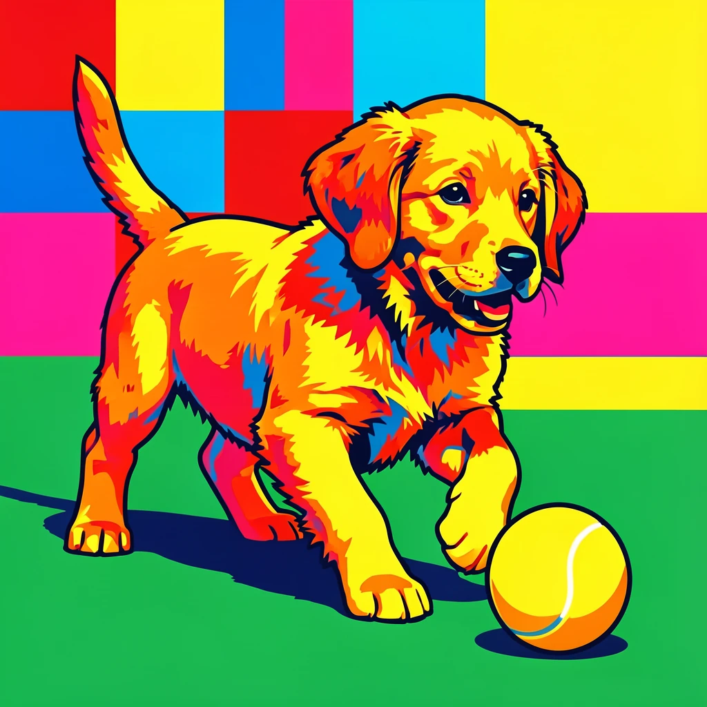 Golden retriever puppy chasing a tennis ball across a lawn