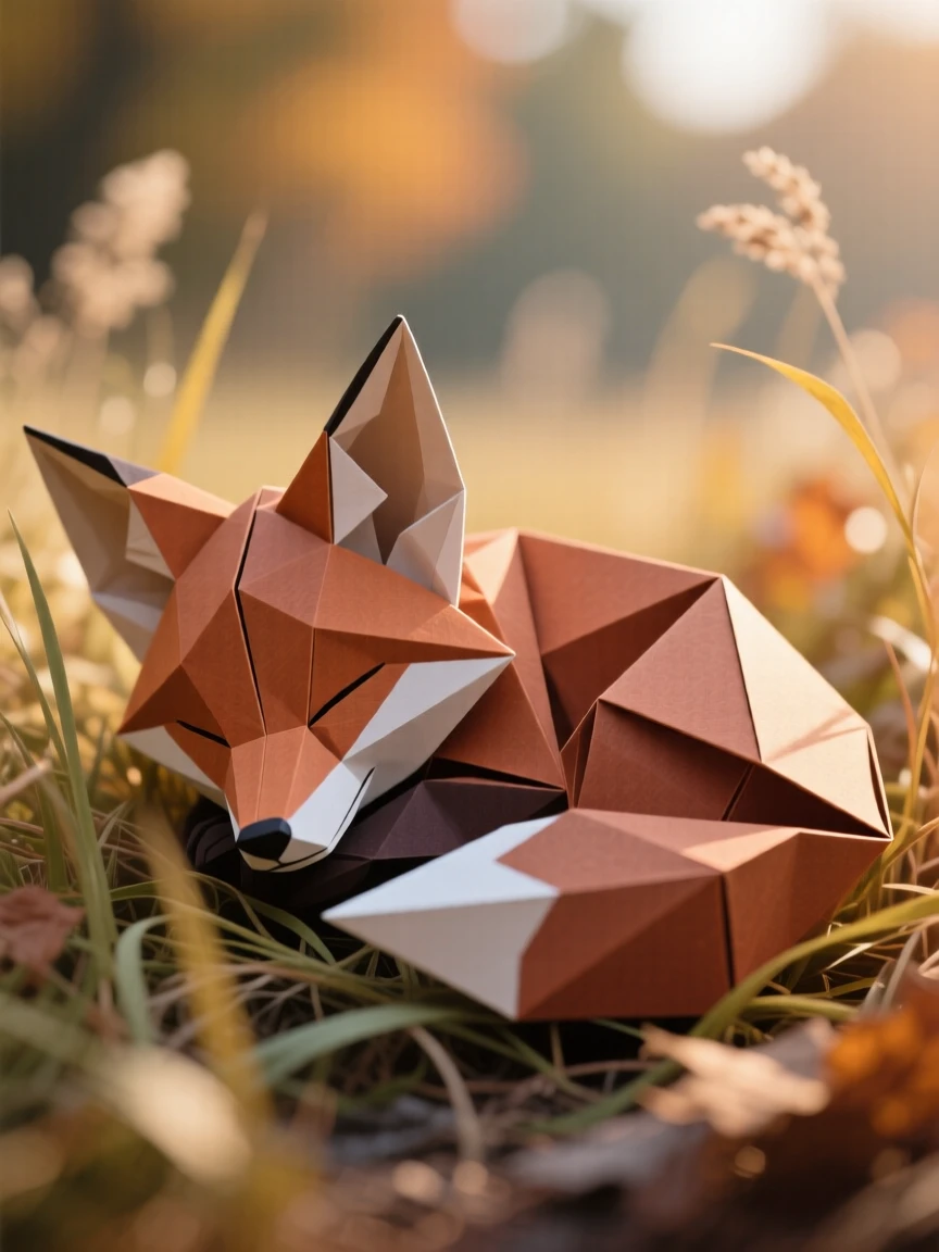 A fox cub curled asleep in tall autumn grass, one ear twitching, morning light slanting across its russet fur, close-up focal composition with soft bokeh background.