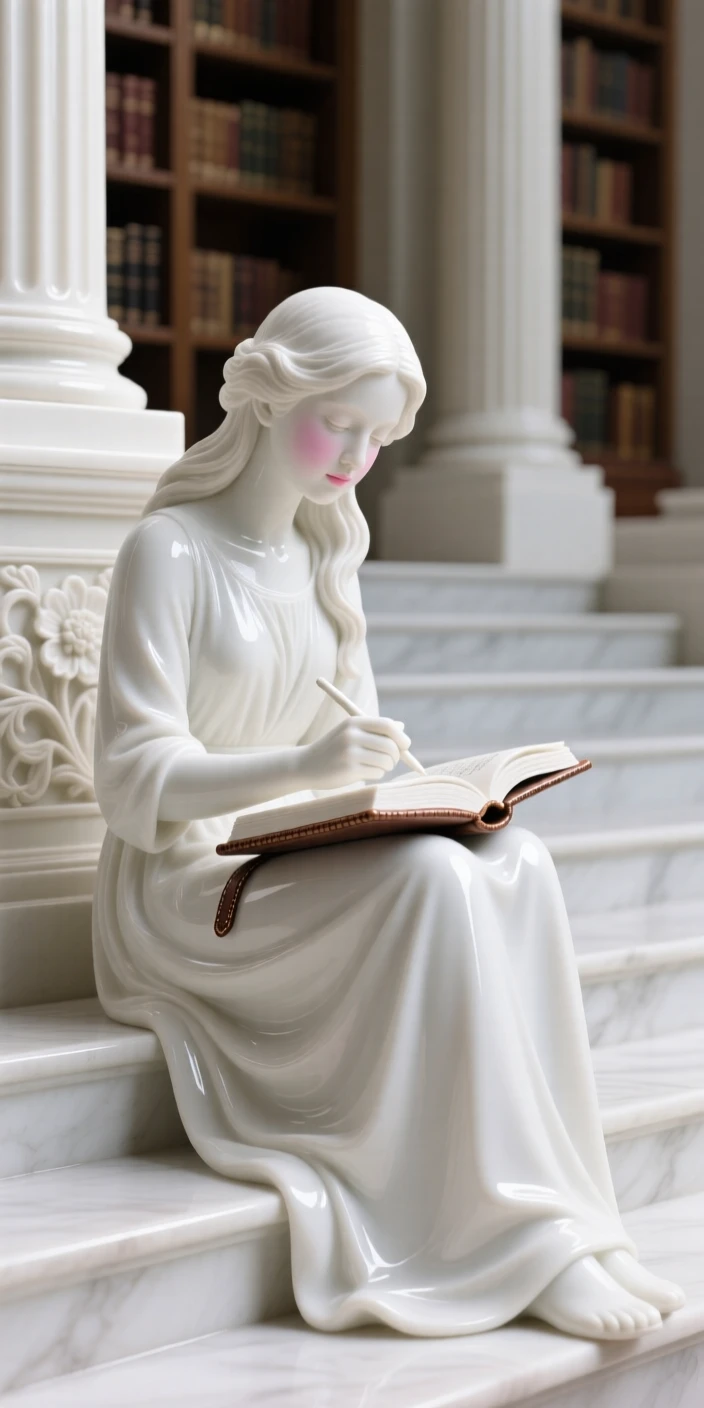 A youthful young woman sketching in a leather-bound journal, her posture calm and dignified, in the steps of a grand library.