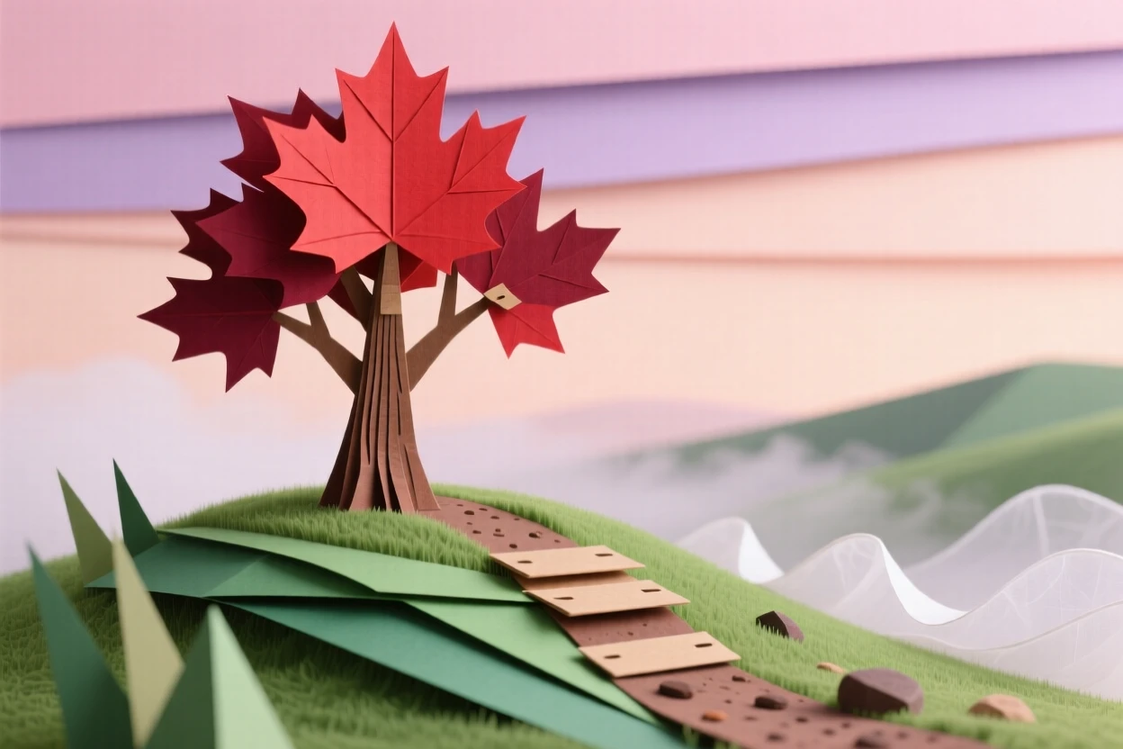 A lone red maple tree standing on a grassy hill, its branches spread wide against a pastel dawn sky, with mist pooling in the valley below and a narrow dirt path winding toward it, evoking quiet solitude and the changing of seasons.