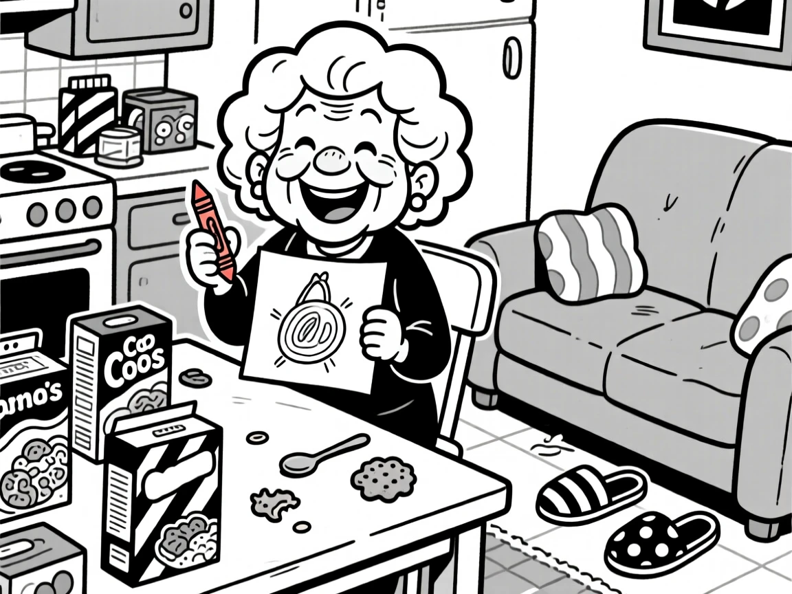 A grandmother with soft curls and a warm smile, holding up a crayon drawing with pride, set at a cluttered kitchen table covered in cereal boxes. Mismatched slippers peek out from under the couch. It feels like a memory worth framing forever.