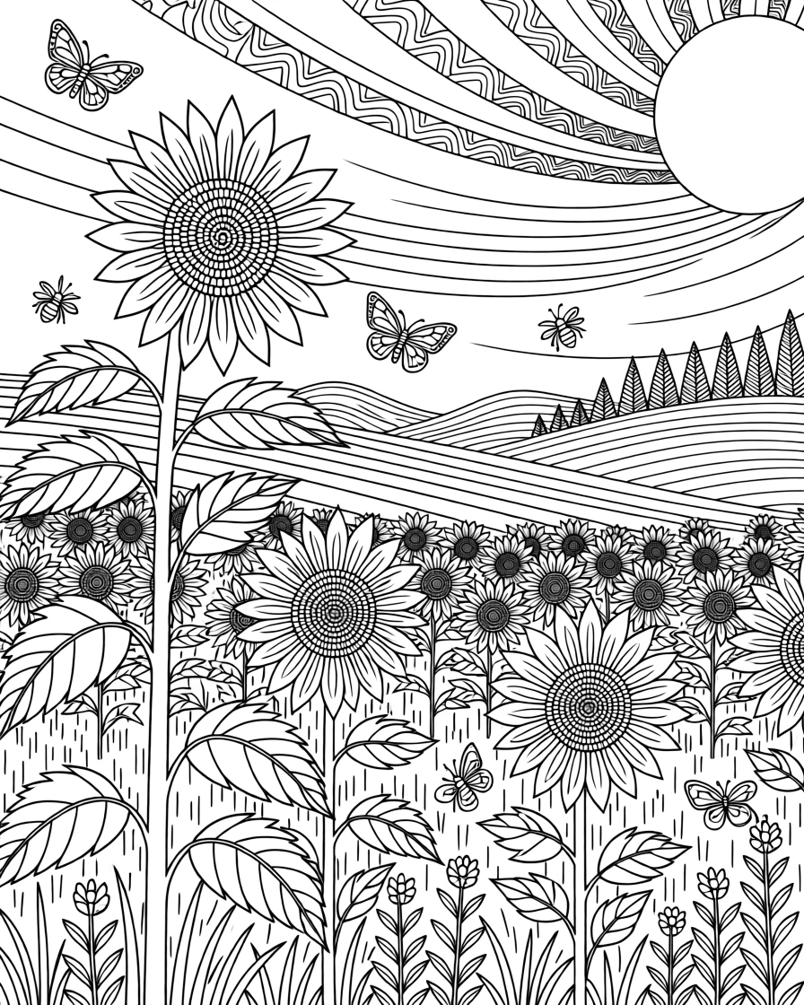 A field of sunflowers stretching toward the horizon, their heavy heads all turned the same direction.