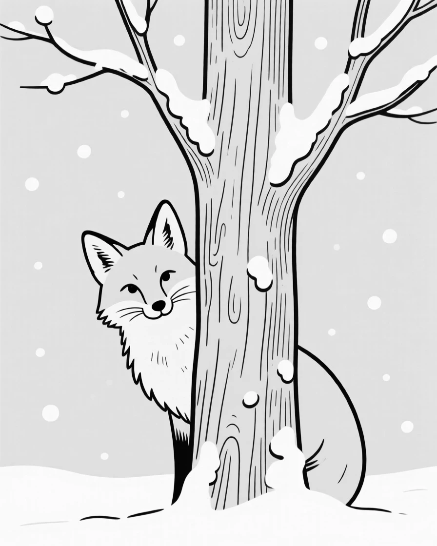 A curious fox peeking out from behind a snow-covered tree