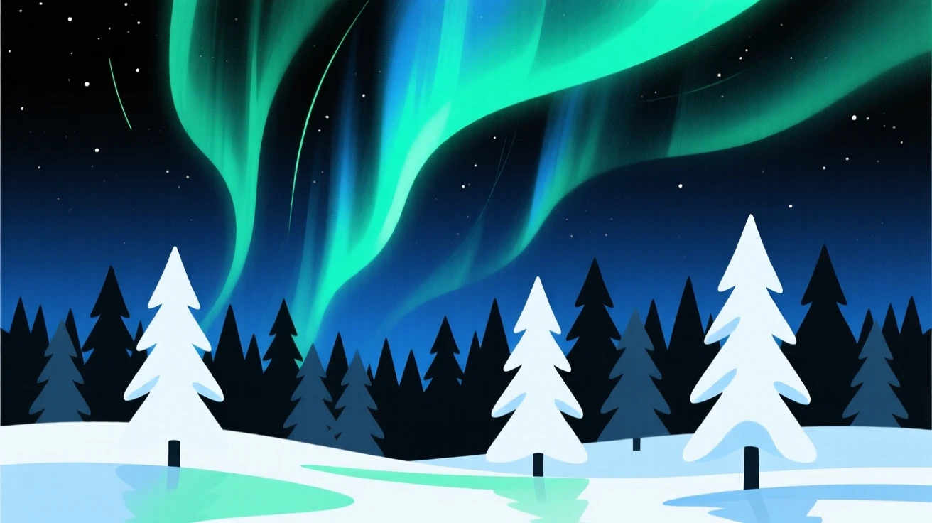 A dramatic view of the northern lights dancing above a snow-covered forest.