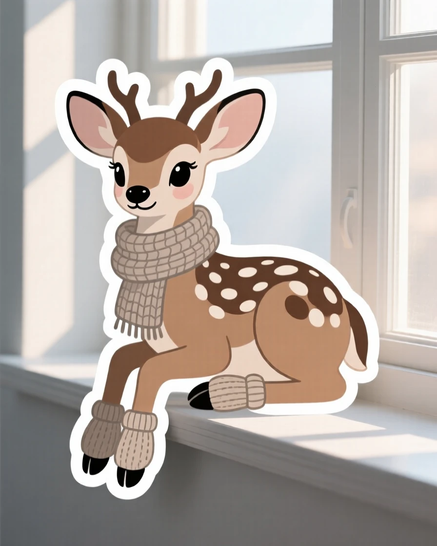 A dreamy spotted fawn wearing tiny mittens and a scarf, on a windowsill with morning sunlight streaming in.