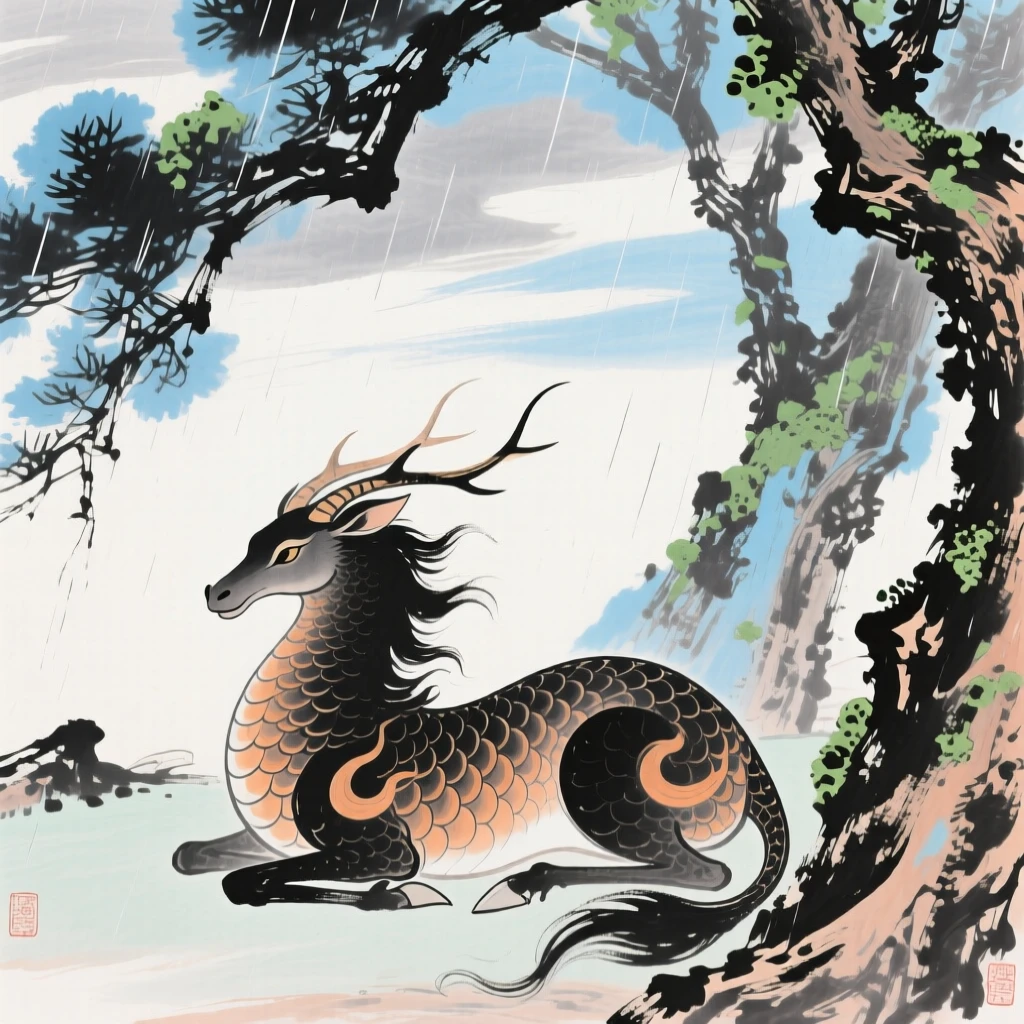 A mythical qilin resting beneath a grove of ancient sacred trees, beneath a sky washed clean by rain, just after a rain shower, conveying a deep sense of harmony with nature.