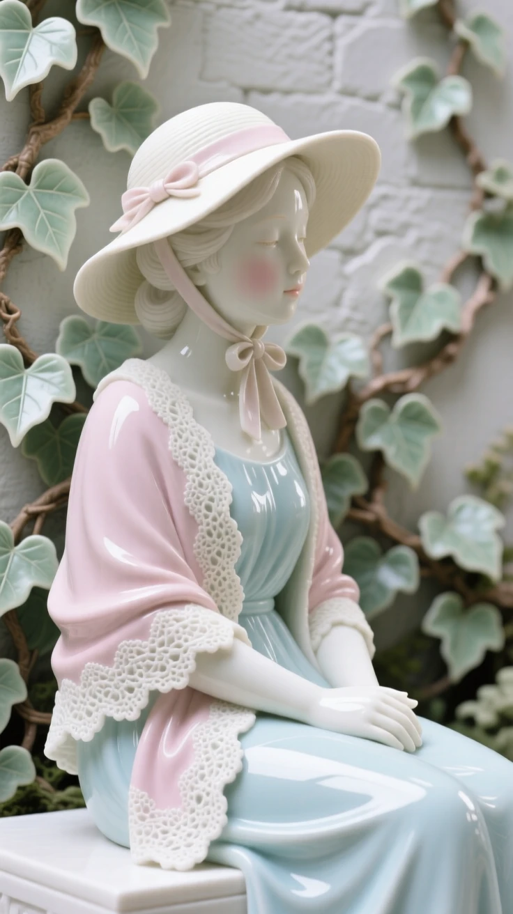 A young mother gazing toward the horizon, wearing a wide-brimmed sun hat and shawl, her gaze lowered in quiet grace, set against an ivy-covered garden wall.