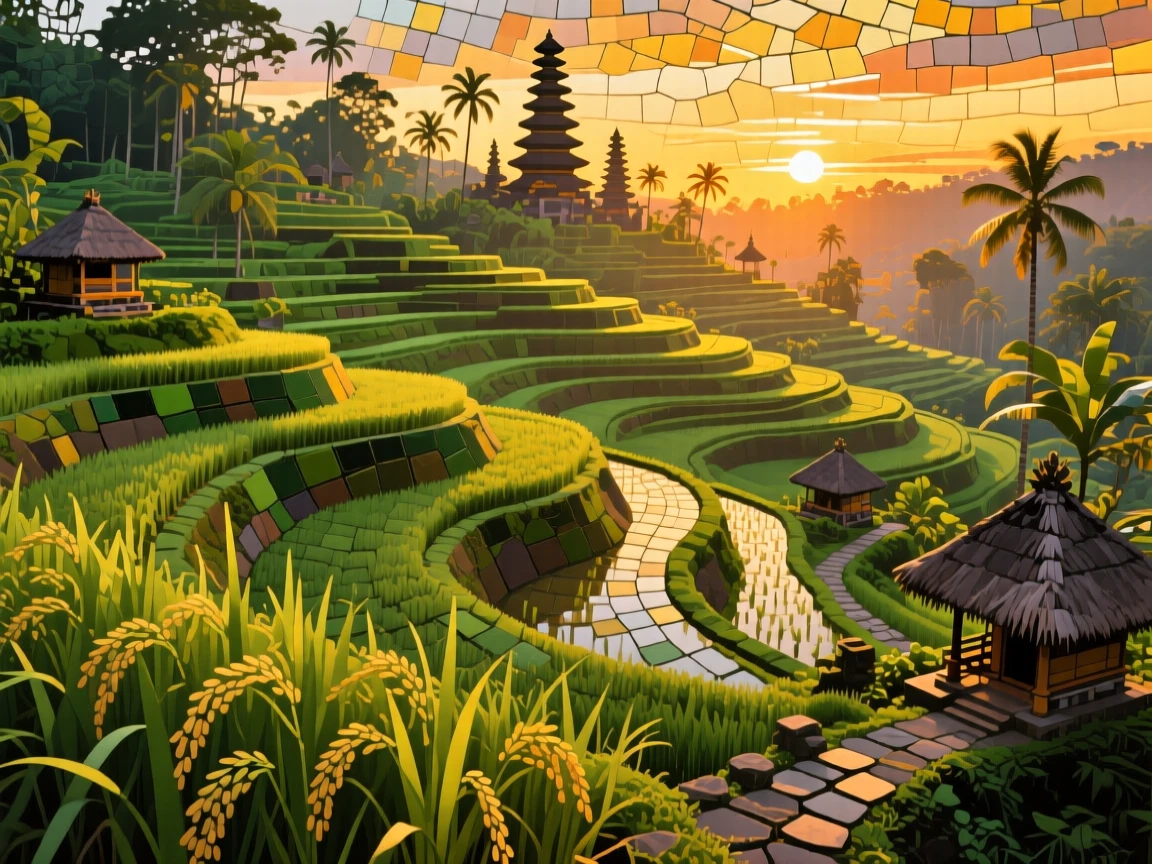 A traditional Balinese rice terrace at golden hour.